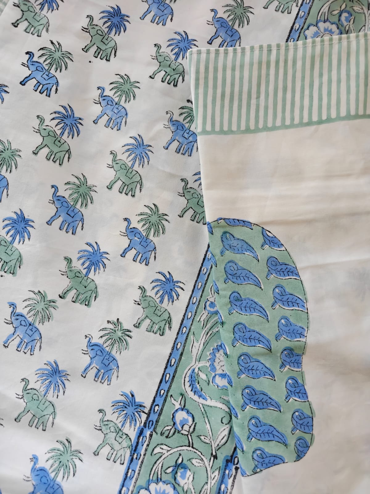 Premium Percale Hand Block Cotton King Bedsheet Blue Floral Hatti 108 inches x 108 inches