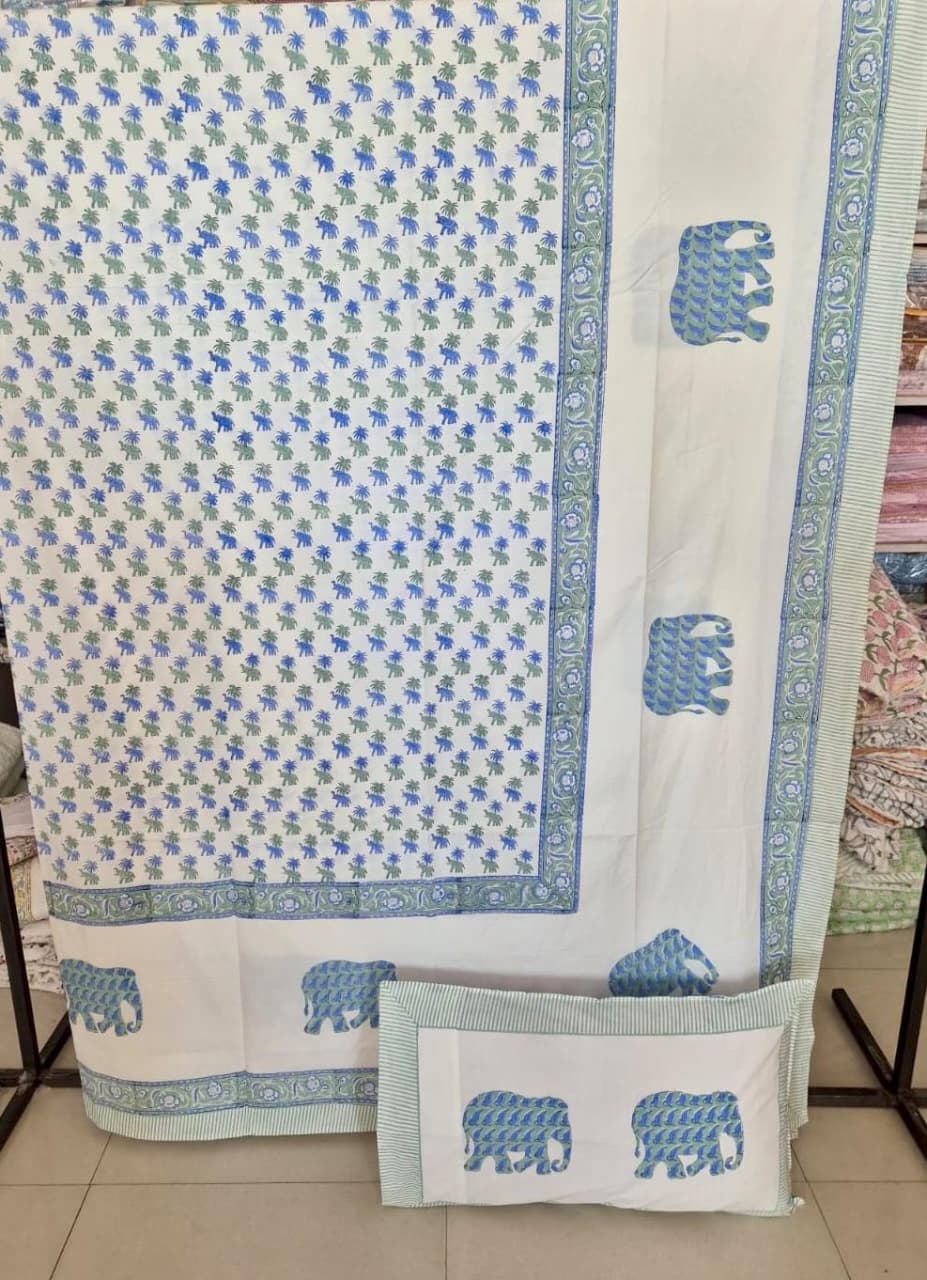 Premium Percale Hand Block Cotton King Bedsheet Blue Floral Hatti 108 inches x 108 inches