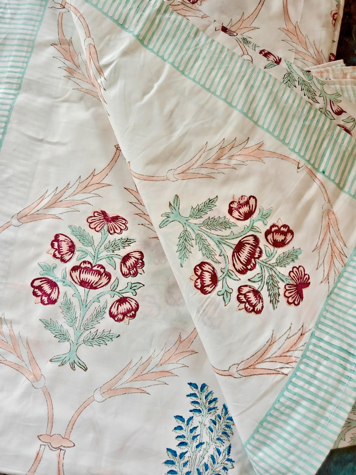 Buy Premium Percale Cotton Hand block Sea Green Double Bedsheet King 9 feet x 9 feet