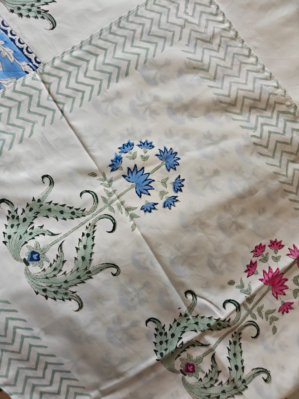 Premium Percale Hand Block Cotton King Bedsheet Blue Floral 108 inches x 108 inches