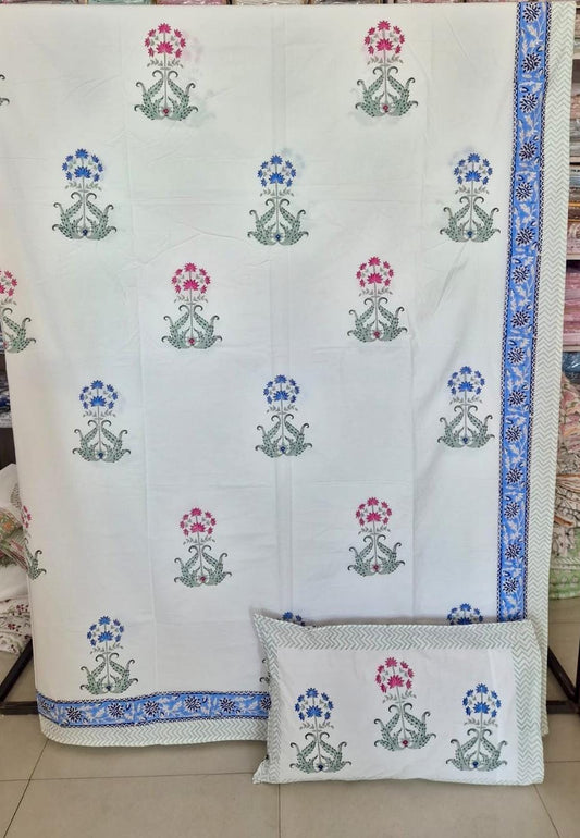 Premium Percale Hand Block Cotton King Bedsheet Blue Floral 108 inches x 108 inches