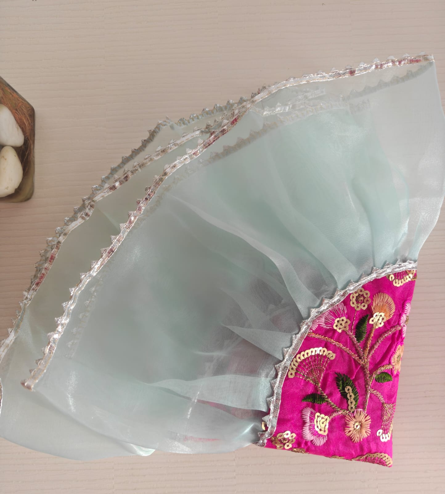 Decorative Blue Pink Centre Embridered Golden Organza Gota Patti Thalposh/Thali Cover
