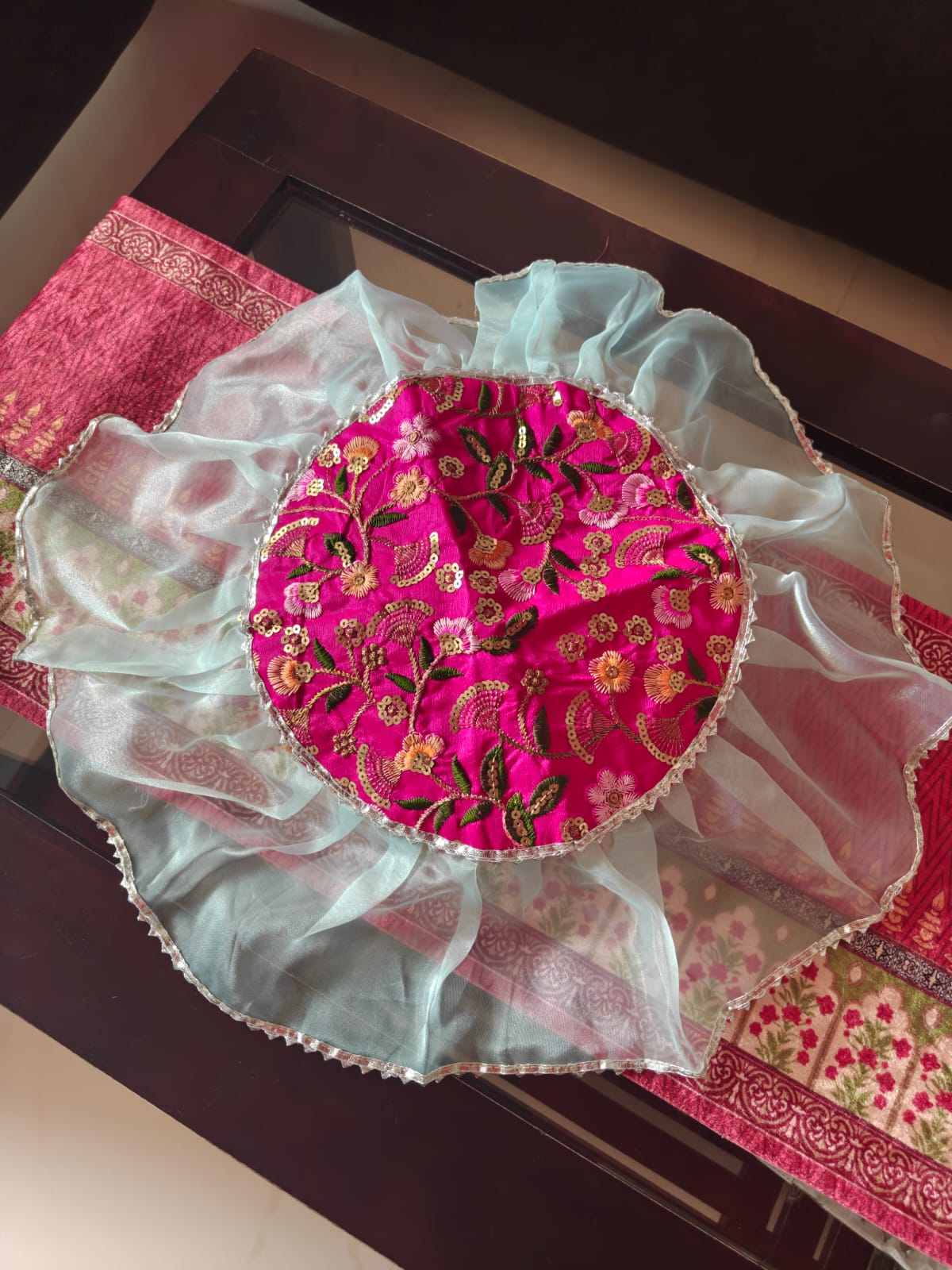 Decorative Blue Pink Centre Embridered Golden Organza Gota Patti Thalposh/Thali Cover