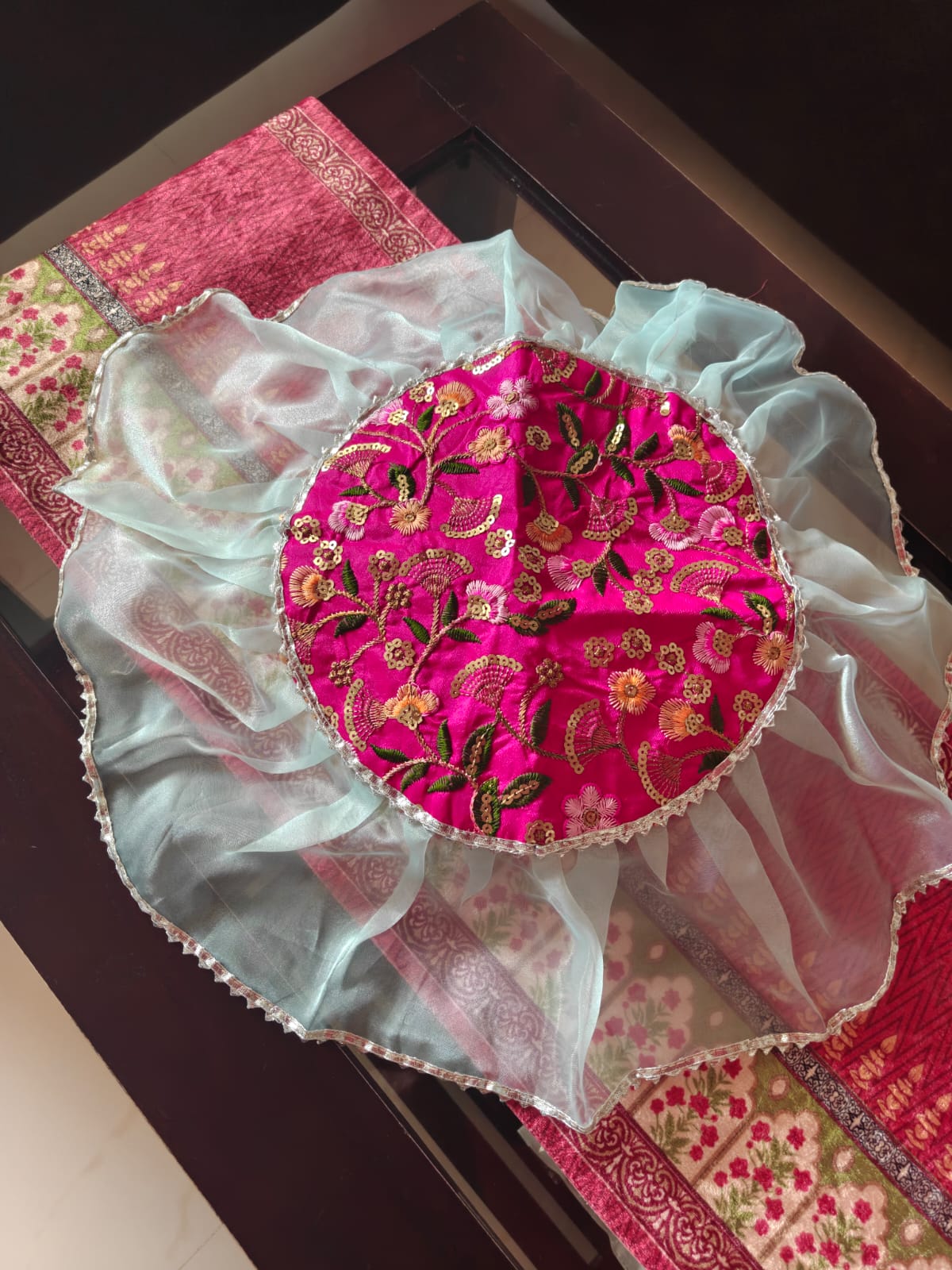 Decorative Blue Pink Centre Embridered Golden Organza Gota Patti Thalposh/Thali Cover