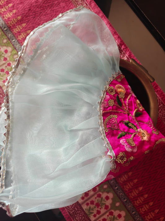 Decorative Blue Pink Centre Embridered Golden Organza Gota Patti Thalposh/Thali Cover