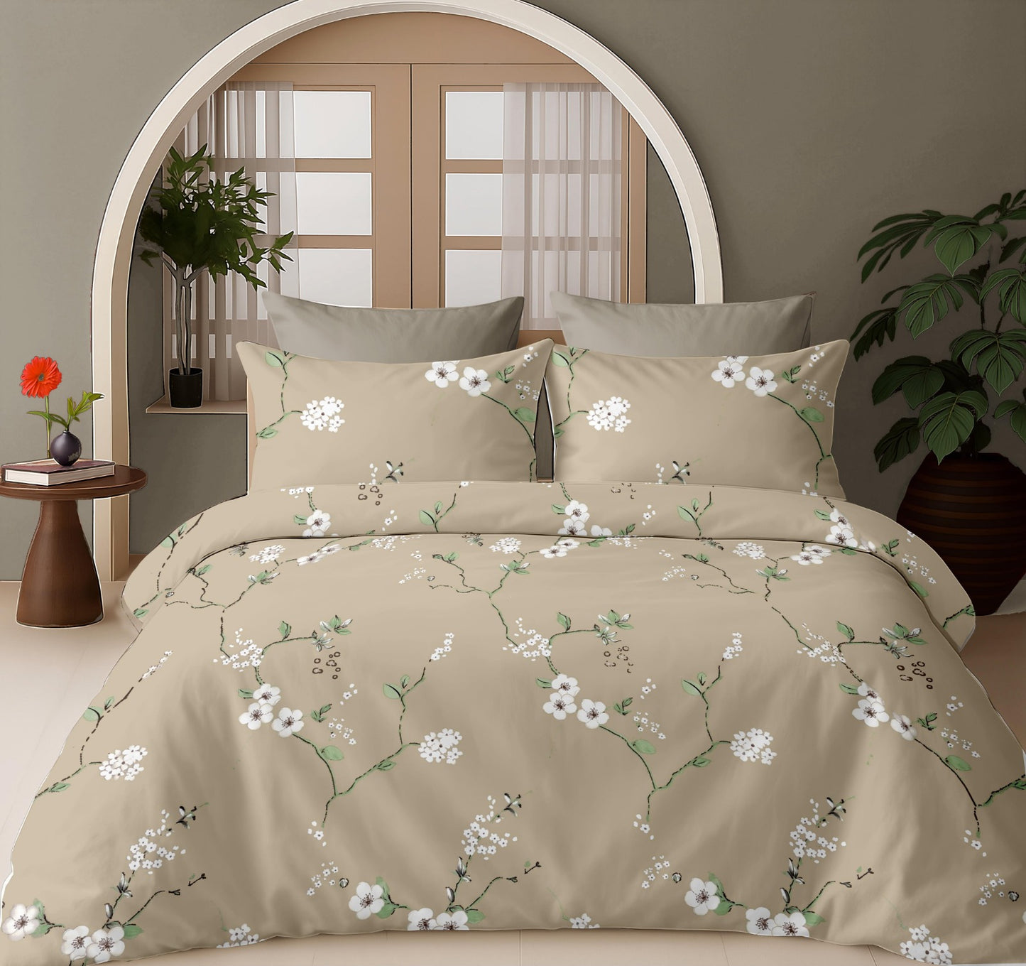 Luxury Opulence Premium Cotton Beige Floral Vine Double Bedsheet Queen