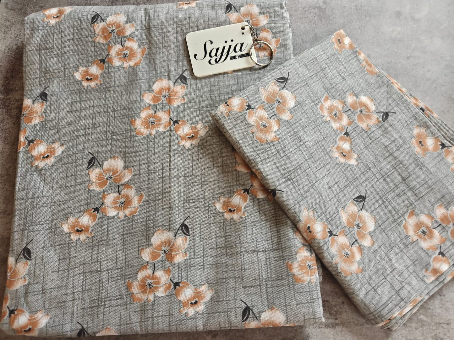 Chic Earthy Grey with Beige Brown Floral Work Double Bedsheet Queen