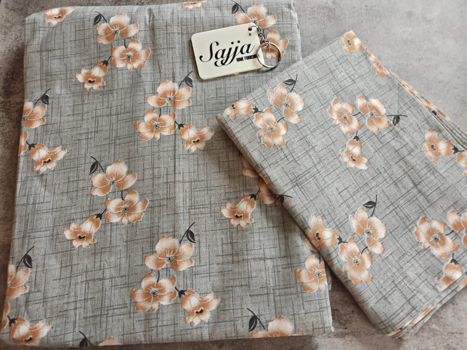 Chic Earthy Grey with Beige Brown Floral Work Double Bedsheet Queen