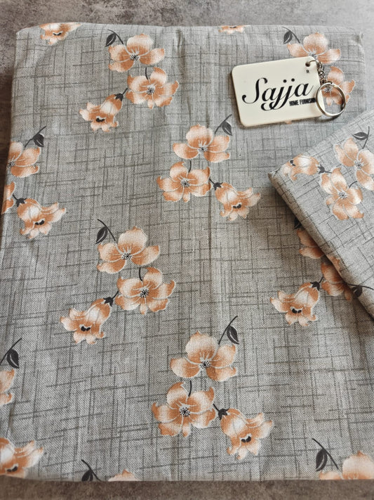 Chic Earthy Grey with Beige Brown Floral Work Double Bedsheet Queen