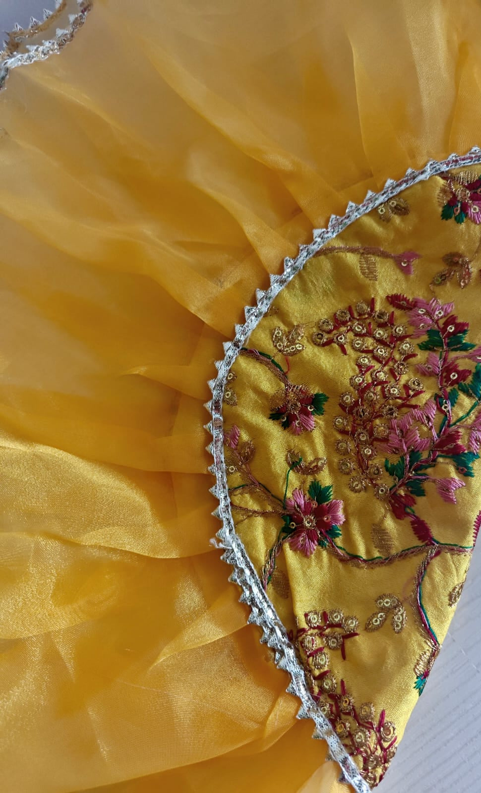 Decorative Yellow Multicoloured Embriodered Organza Gota Patti Thalposh/Thali Cover
