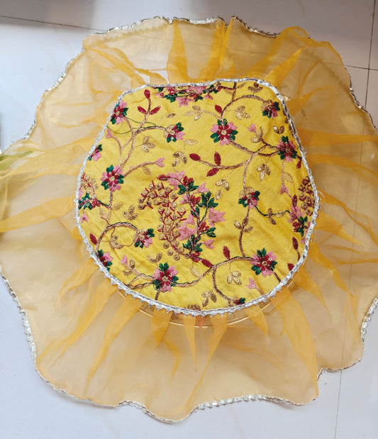 Decorative Yellow Multicoloured Embriodered Organza Gota Patti Thalposh/Thali Cover