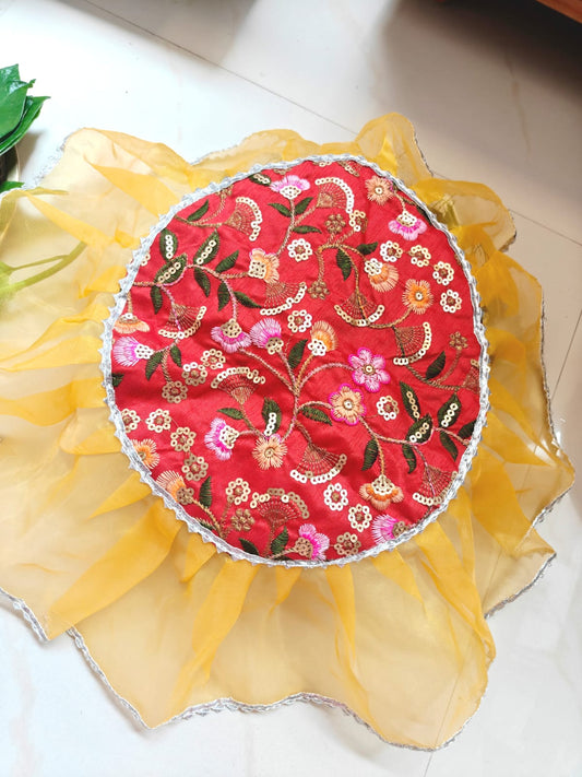 Decorative Yellow Red Embriodered Organza Gota Patti Thalposh/Thali Cover