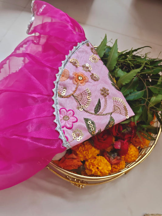 Bright Rani Pink Embriodered Golden Organza Gota Patti Thalposh/Thali Cover