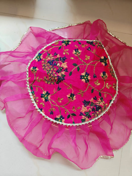Bright Rani Pink Embriodered Pink Gold Organza Gota Patti Thalposh/Thali Cover