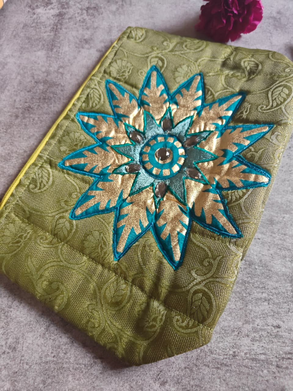 Embroidered With Stone Work Raw Silk Multi Purpose Pouch Cosmetic Bag Pencil Pouch Clutch Bag