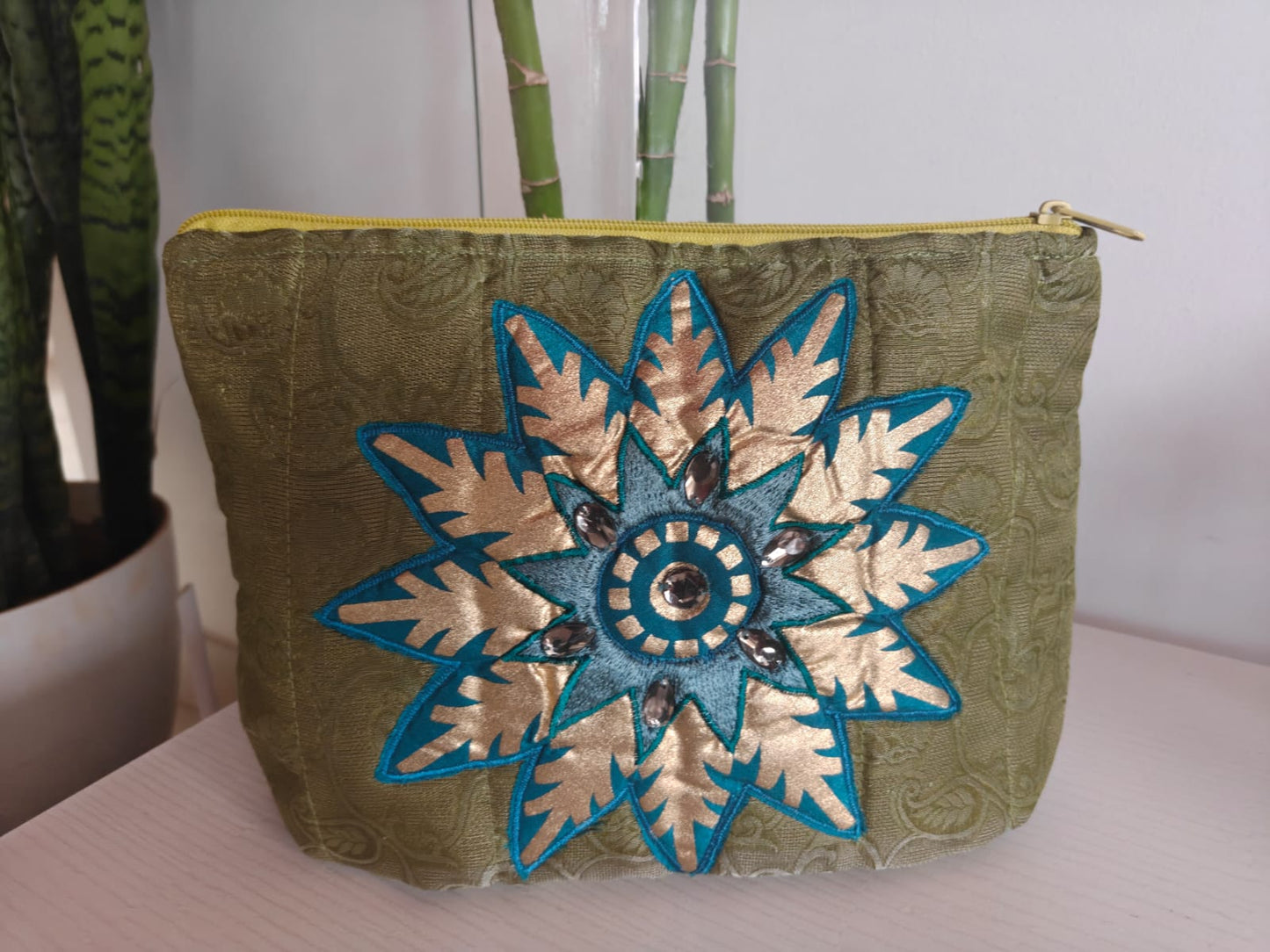 Embroidered With Stone Work Raw Silk Multi Purpose Pouch Cosmetic Bag Pencil Pouch Clutch Bag