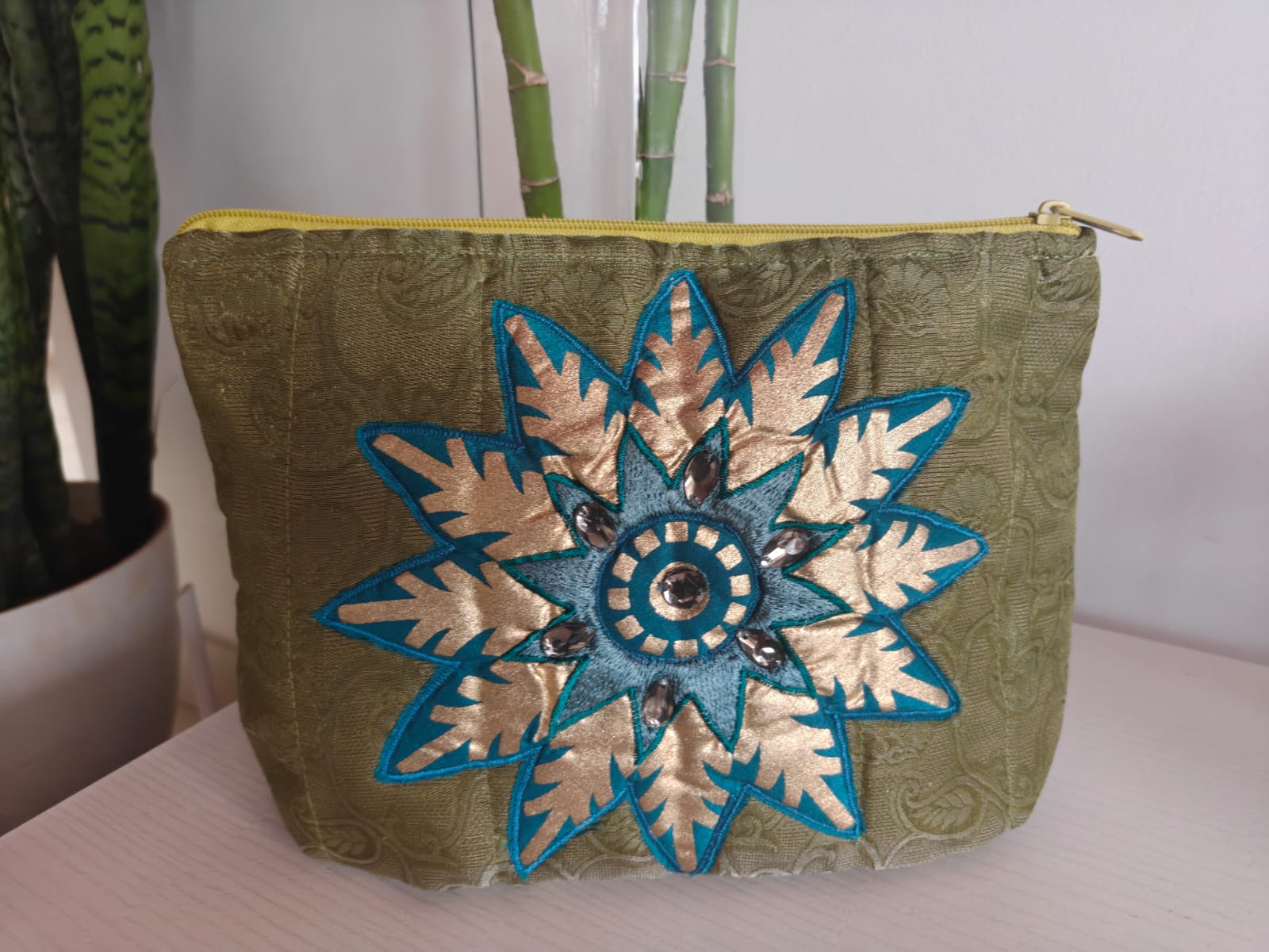 Embroidered With Stone Work Raw Silk Multi Purpose Pouch Cosmetic Bag Pencil Pouch Clutch Bag