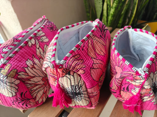 Pretty Pink Hand Block Print Floral Toiletry Multiuse Cotton Pouches Set of 3 Make up bags