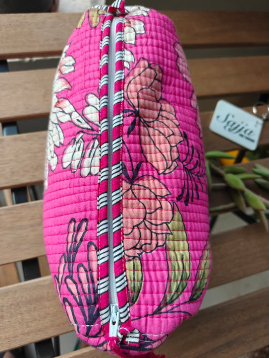 Pretty Pink Hand Block Print Floral Toiletry Multiuse Cotton Pouches Set of 3 Make up bags