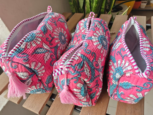 Buy Pouches Online Pink Bluish Hand block printed Water Resistant Cosmetic Pouch Set of 3