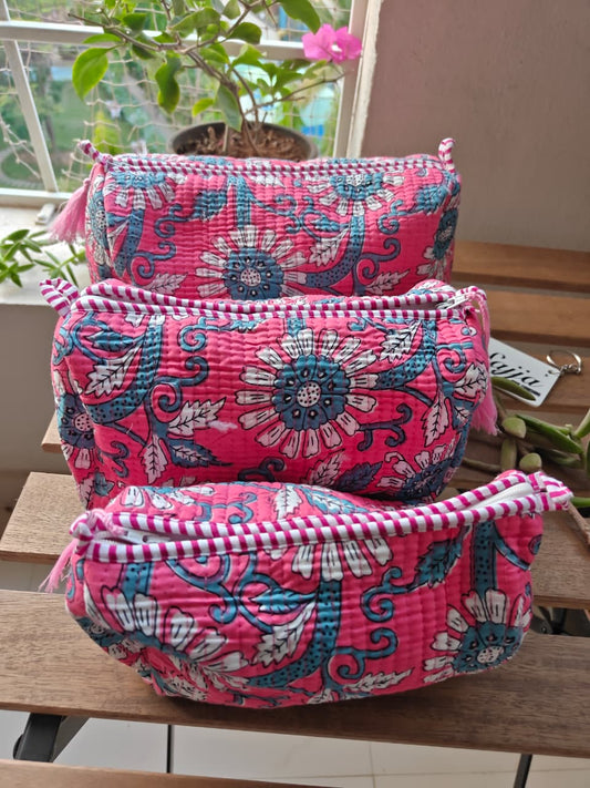 Buy Pouches Online Pink Bluish Hand block printed Water Resistant Cosmetic Pouch Set of 3
