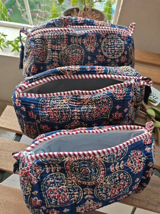 Sangneri Hand Block Print Travel Kit Cotton Pouch | Travel Kit | Bag | Travel Utility | Accessory Indigo | Set of 3