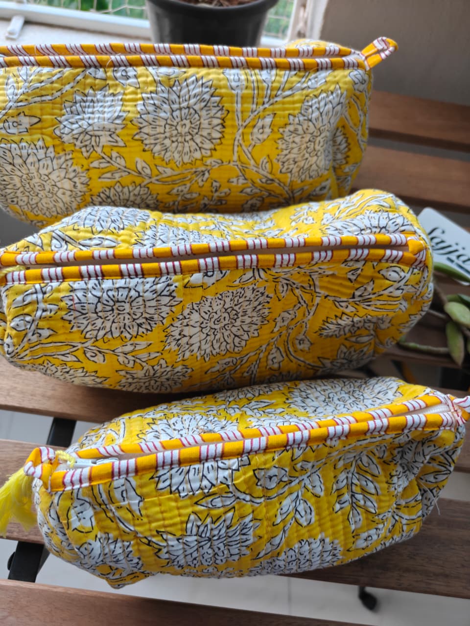Handblock Flower Yellow Travel Kit Cotton Pouch | Travel Kit | Small Pouch | Travel Utility | Accessory