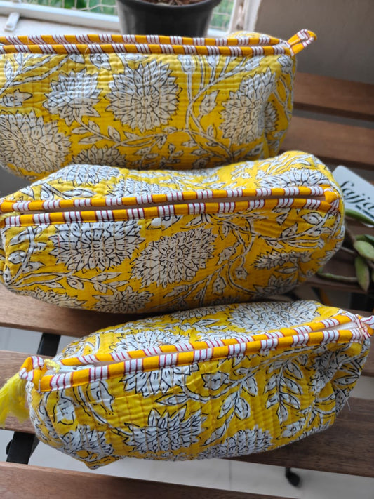 Handblock Flower Yellow Travel Kit Cotton Pouch | Travel Kit | Small Pouch | Travel Utility | Accessory