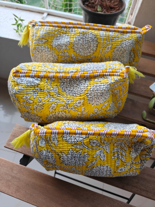 Handblock Flower Yellow Travel Kit Cotton Pouch | Travel Kit | Small Pouch | Travel Utility | Accessory
