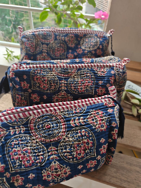 Sangneri Hand Block Print Travel Kit Cotton Pouch | Travel Kit | Bag | Travel Utility | Accessory Indigo | Set of 3