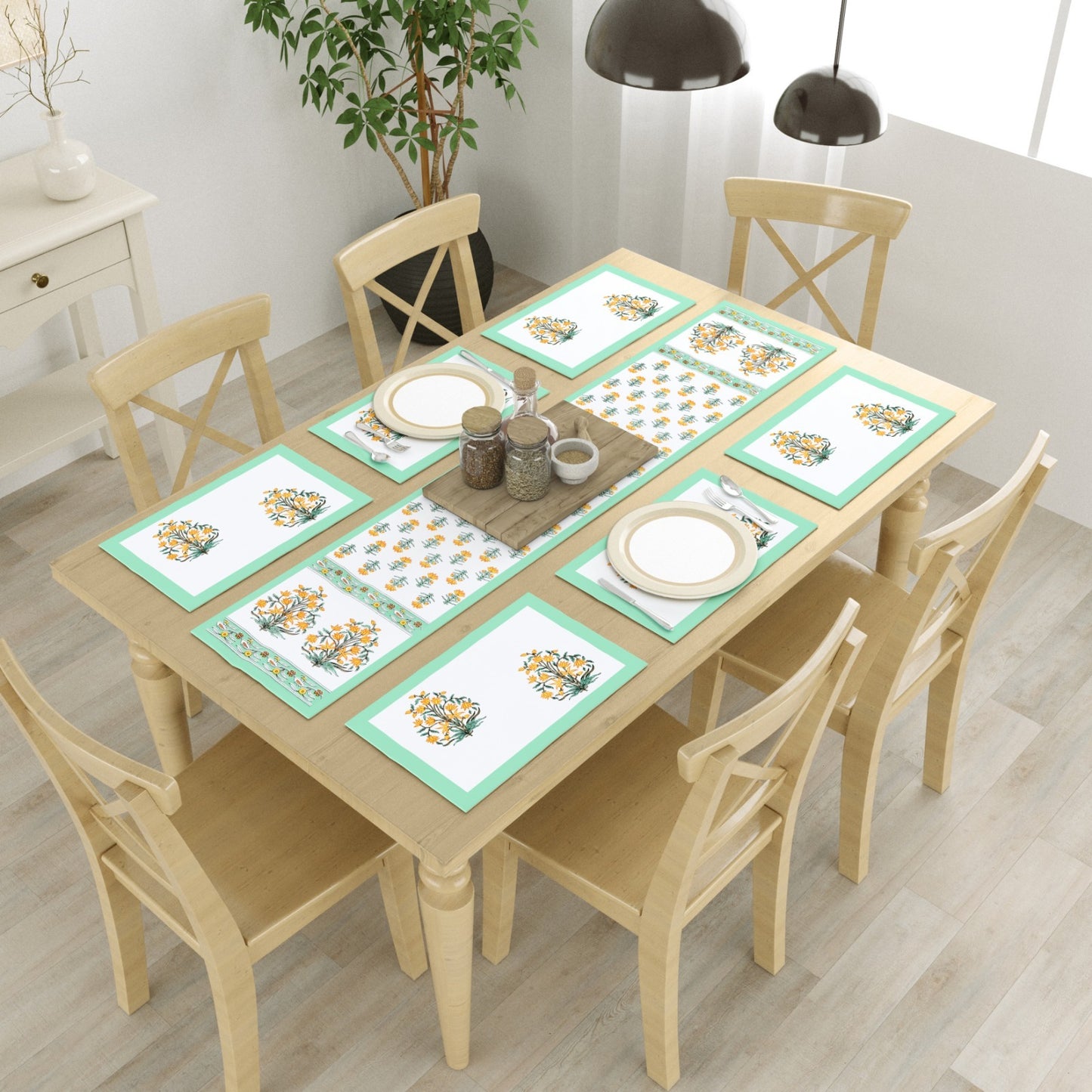 Rajwadi  Elegance Teal Yellow Table Runner Table Mats & Napkins - Set of 7 pieces