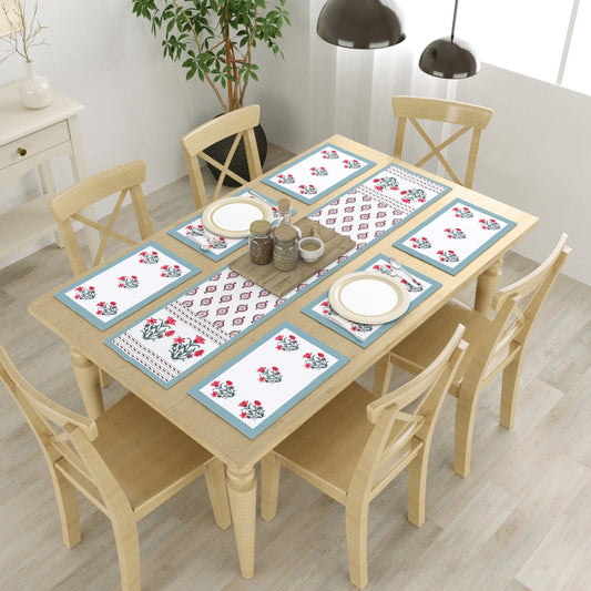Sajja Handblock Table Linen Set Grey floral  , Set of 7  - One Table Runner, 6 Table Mats