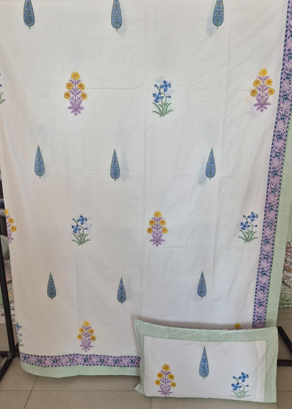 Premium Percale Cotton Hand Block Mughal Floral Luxury Collection Cotton Double Bed King Bedsheet 9f x 9f