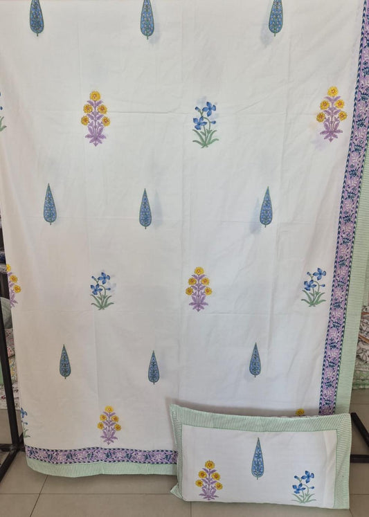 Premium Percale Cotton Hand Block Mughal Floral Luxury Collection Cotton Double Bed King Bedsheet 9f x 9f