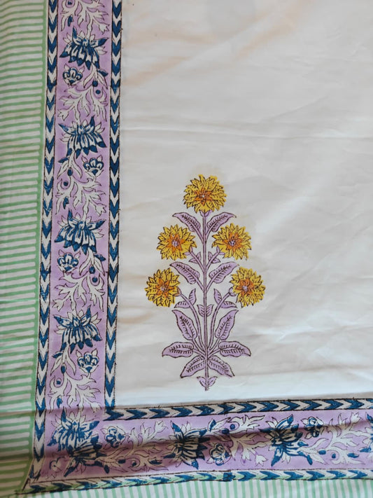 Premium Percale Cotton Hand Block Mughal Floral Luxury Collection Cotton Double Bed King Bedsheet 9f x 9f