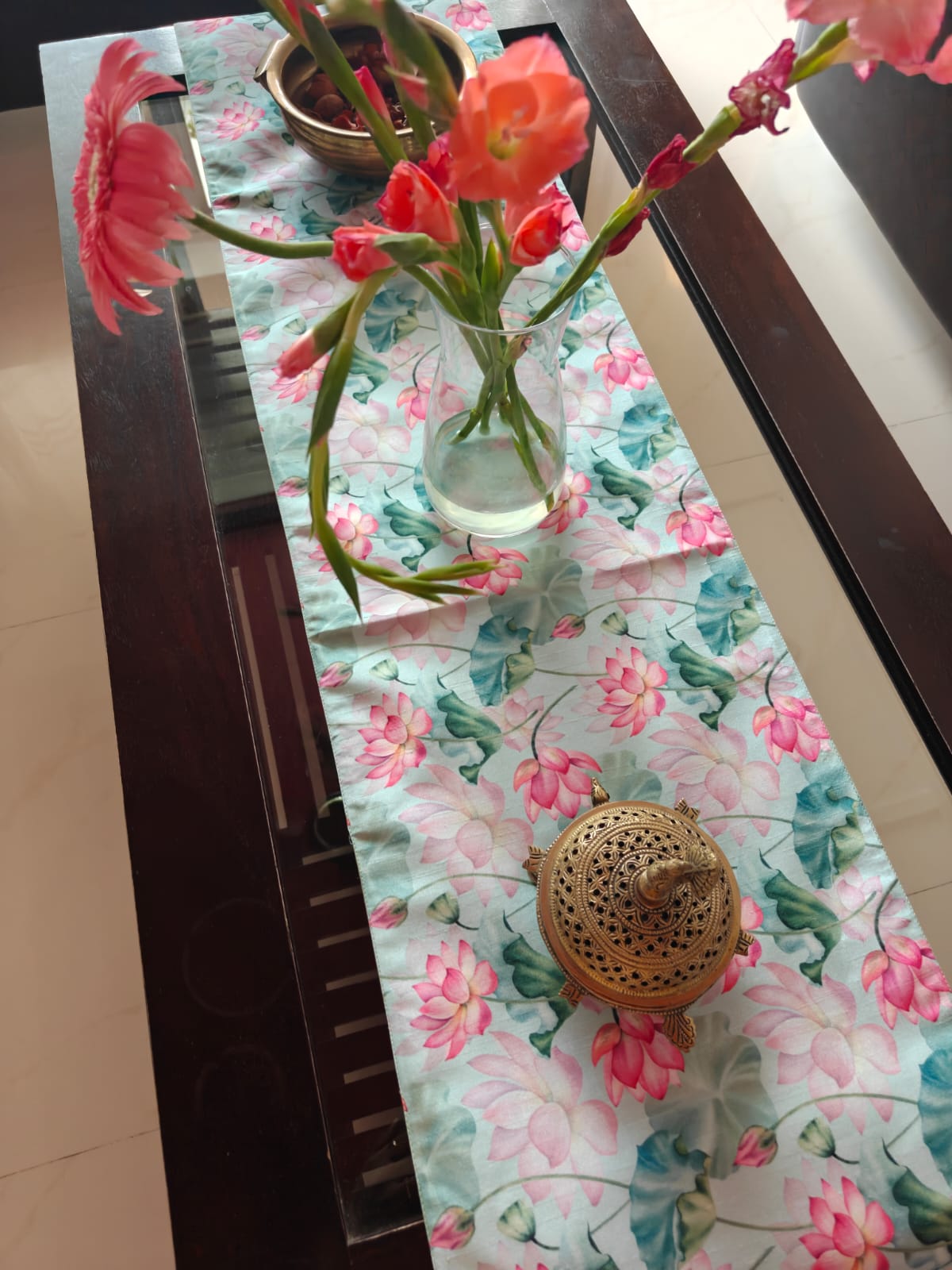 Buddha Art Inspired Silk Dining Table Runner 6 seater Side Table Runners Gift L-72 in, W-12in)