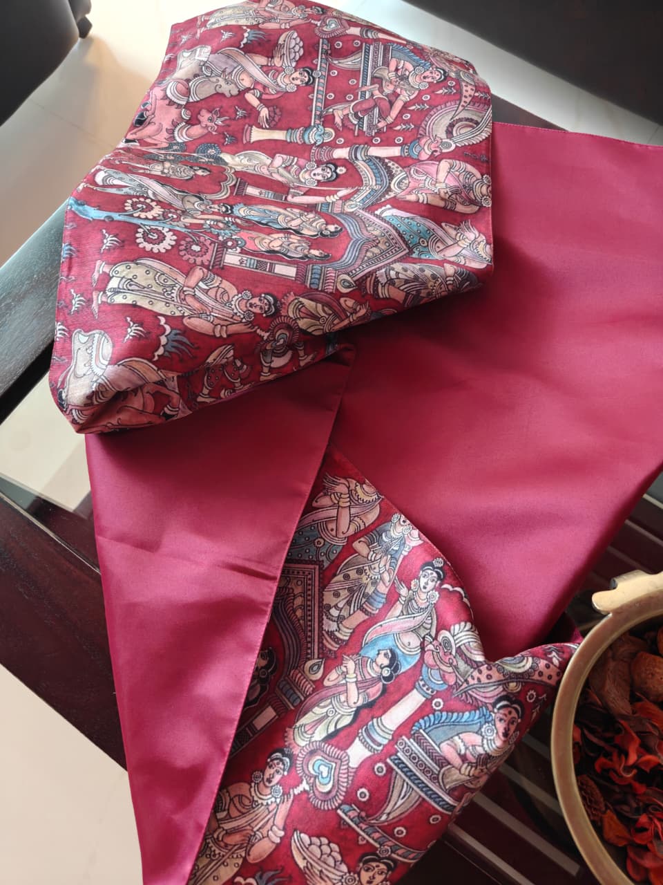 Maroon Kalamkari Art Inspired Silk Dining Table  | Coffee Table Runner L-72 in, W-12 in