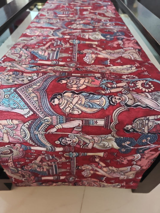Maroon Kalamkari Art Inspired Silk Dining Table  | Coffee Table Runner L-72 in, W-12 in