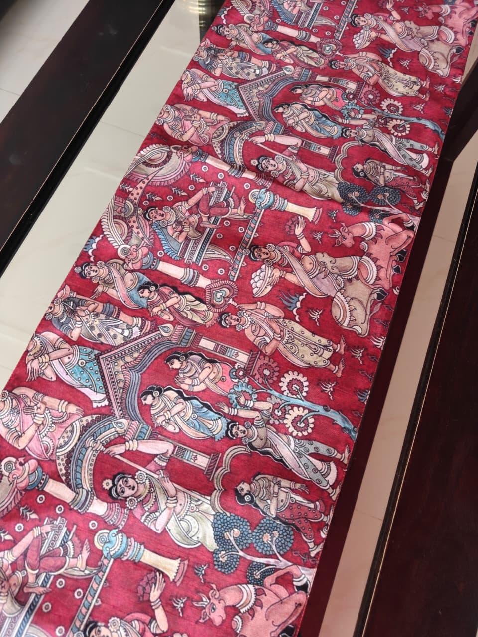 Maroon Kalamkari Art Inspired Silk Dining Table  | Coffee Table Runner L-72 in, W-12 in