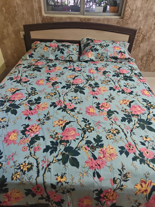 Traditional Anokhi Print Green floral Birds Pure Cotton Double bed King Bedsheet