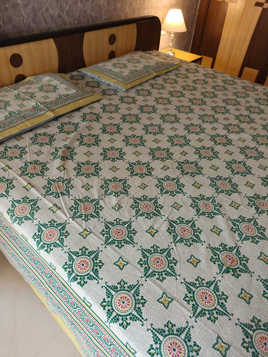 Heritage Vintage Sage Green Cotton Floral Double Bedsheet King 9 feet x 9 feet