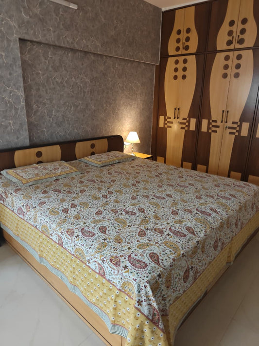 Trending Hand block Mustard Yellow Paisley Pure Cotton Double Bedsheet King 108 x 108 inches