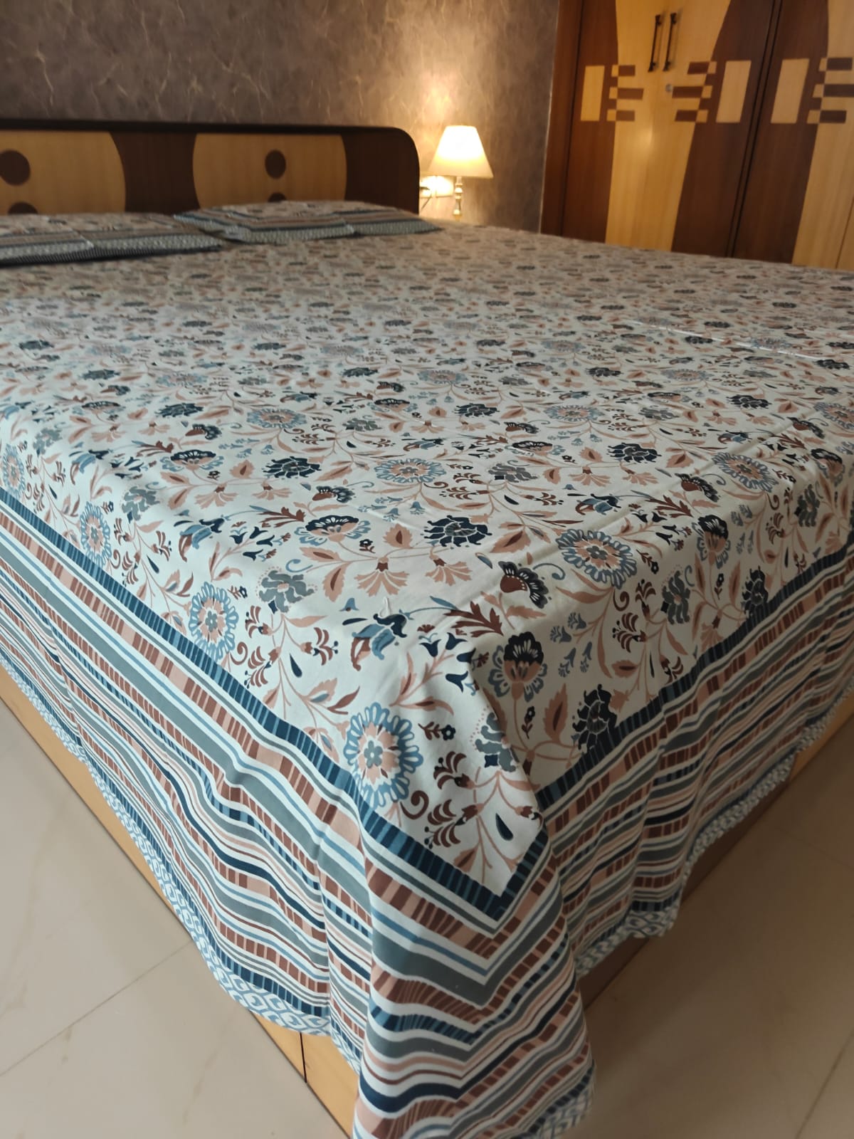 Handblock Blue Peach White Floral Pure Cotton  King Double Bedsheet