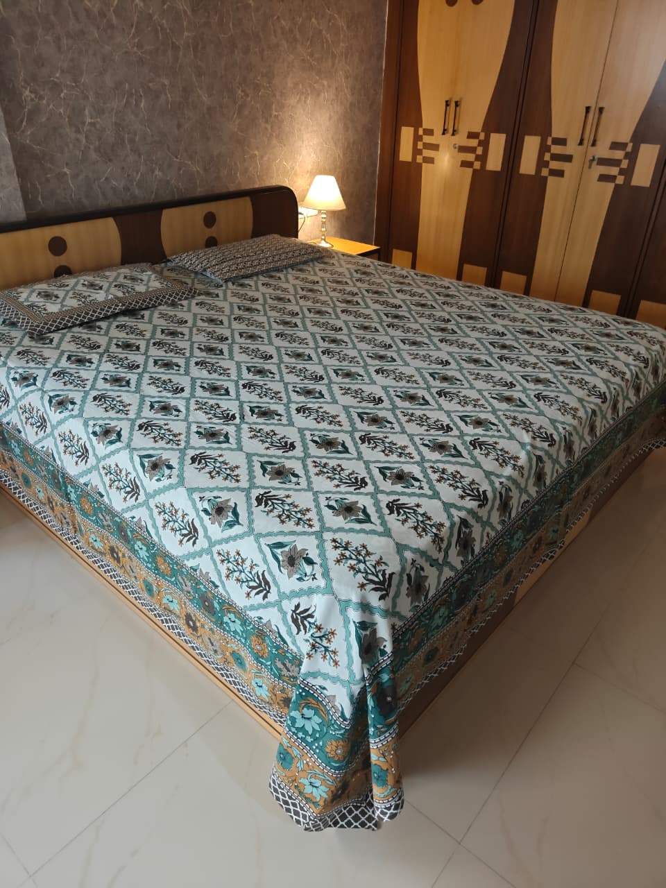 Buy Vintage Hand block Green Teal Pure Cotton Super King Double Bedsheet 108 inches x 108 inches