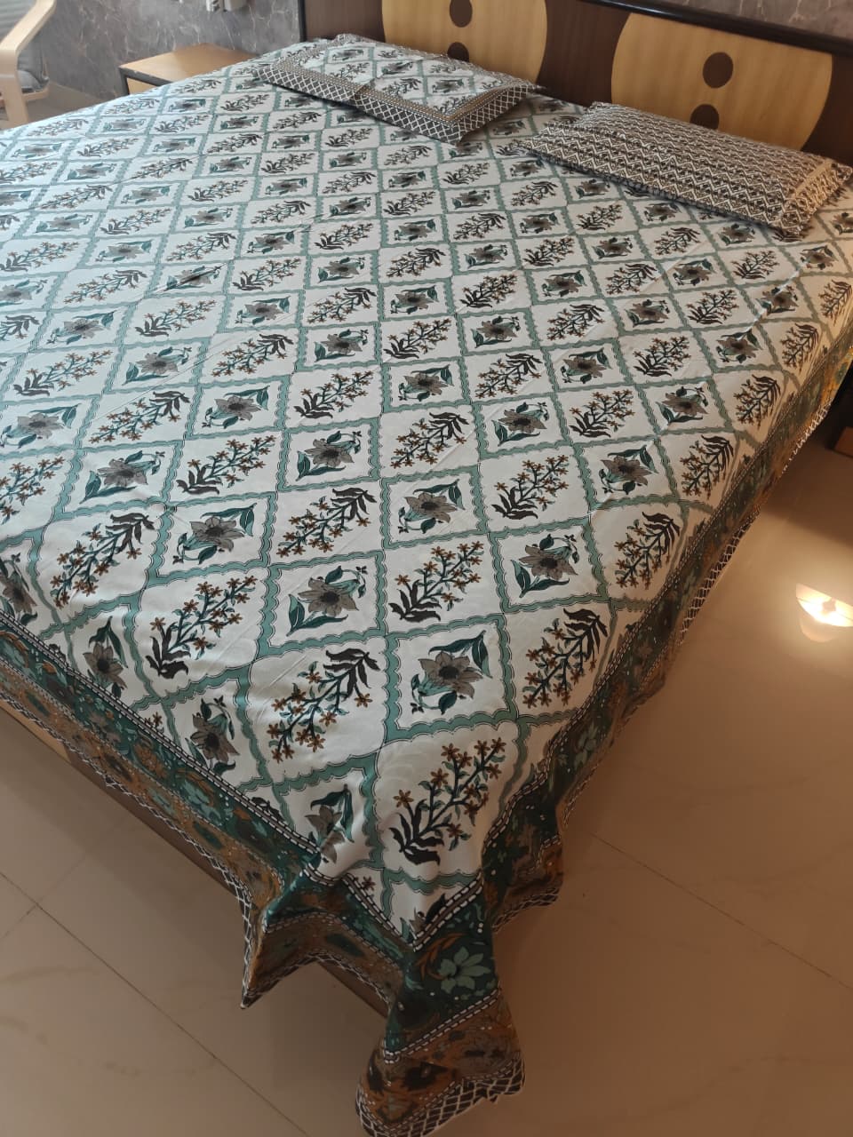 Buy Vintage Hand block Green Teal Pure Cotton Super King Double Bedsheet 108 inches x 108 inches