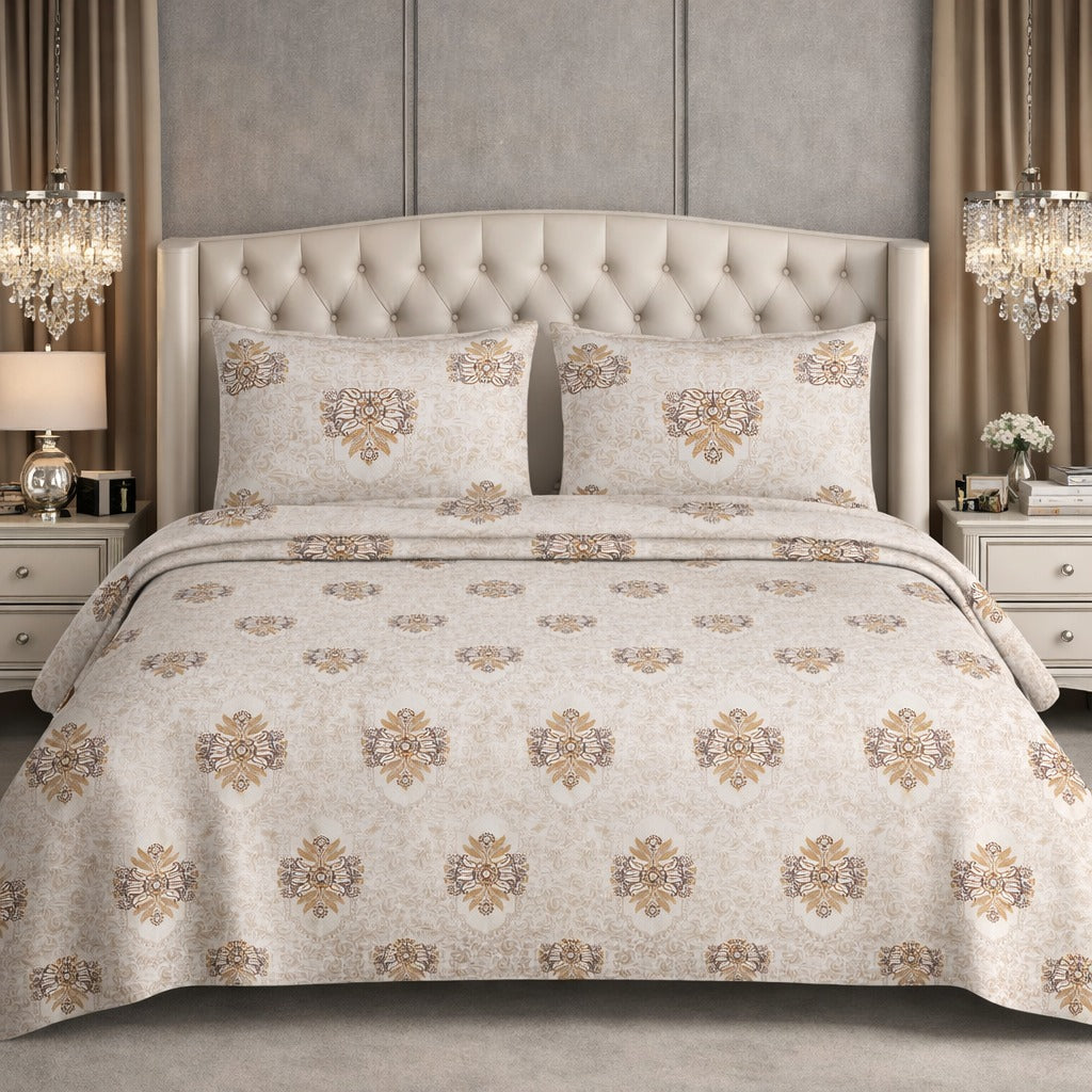 Designer White Brown Contemporary Motif Super King Double Bedsheet 120 x120 inches