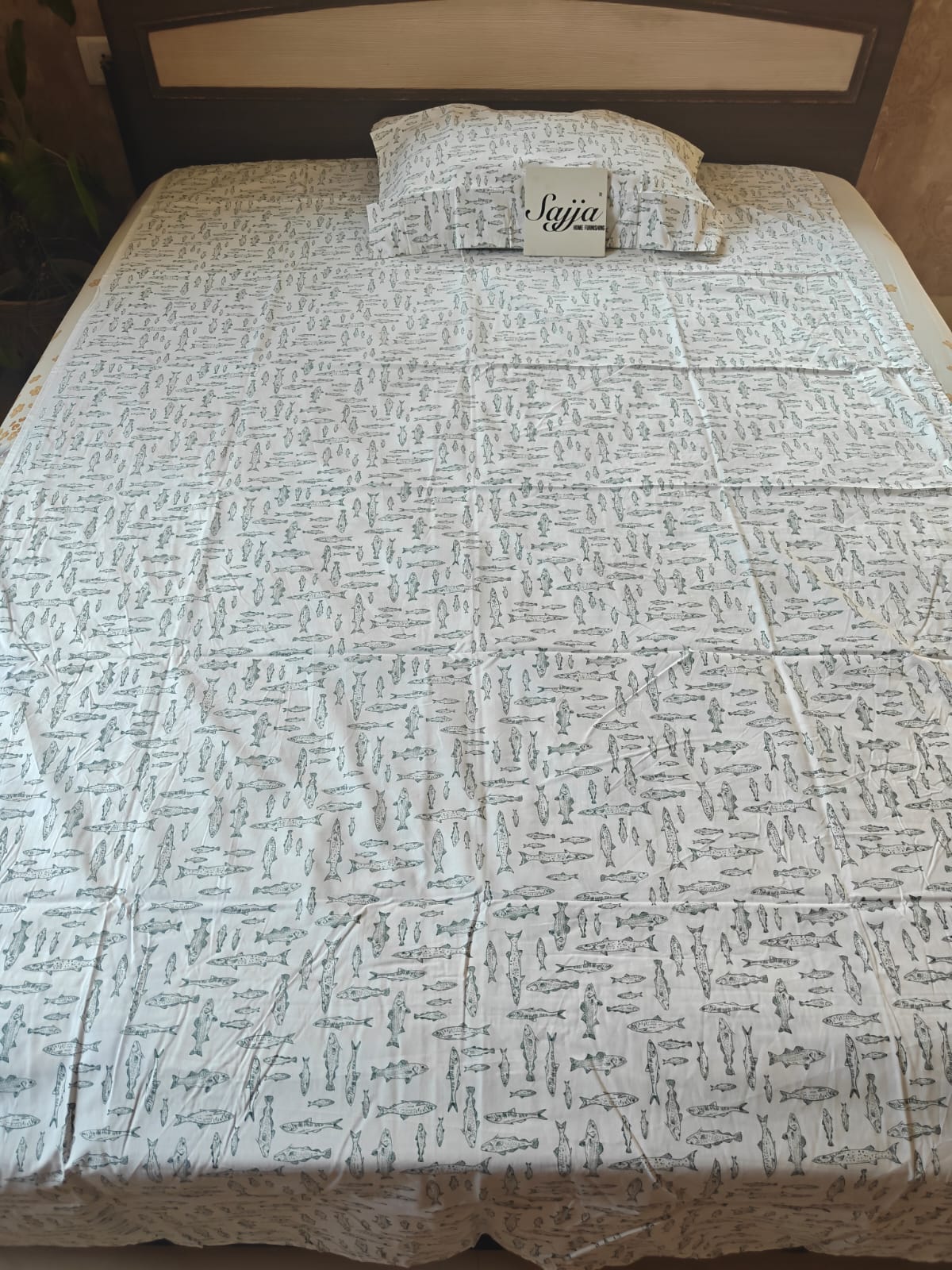 Chic Premium Cotton White Green Fishes Single Bedsheet