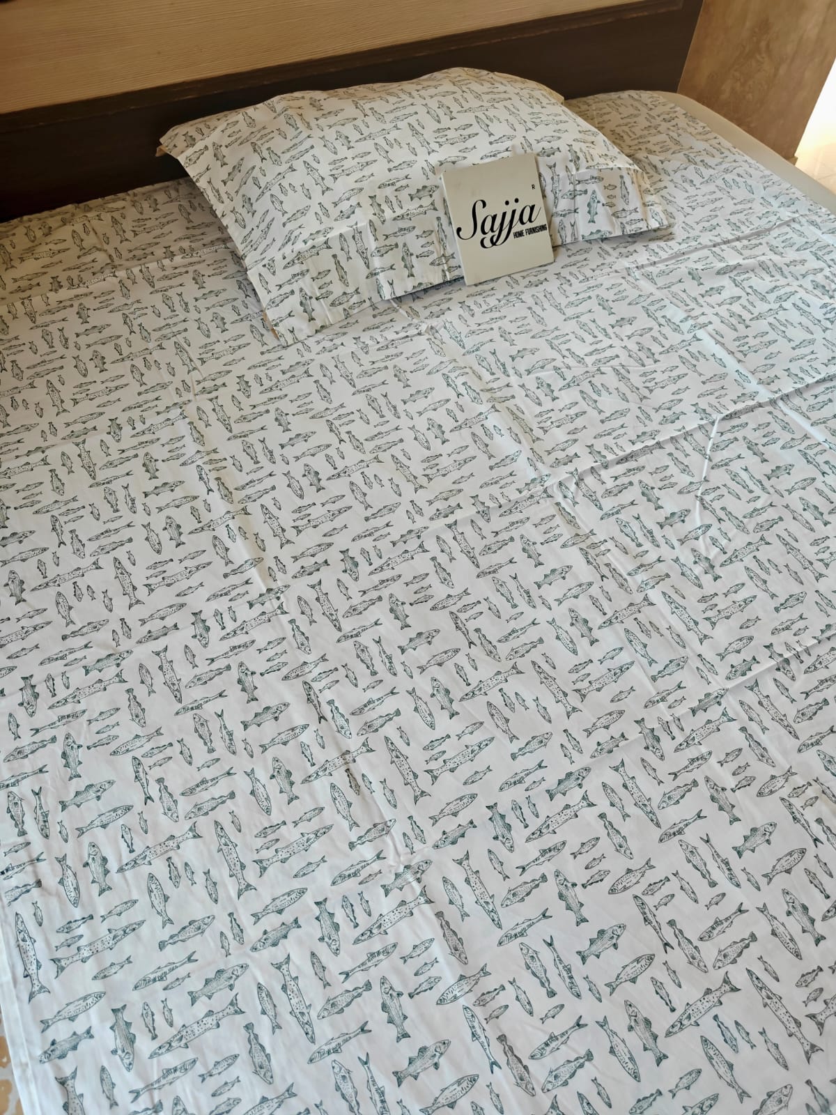 Chic Premium Cotton White Green Fishes Single Bedsheet