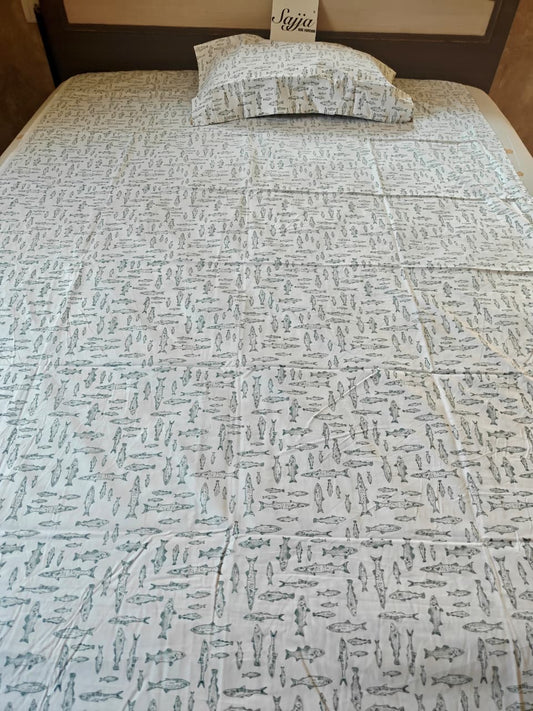 Chic Premium Cotton White Green Fishes Single Bedsheet