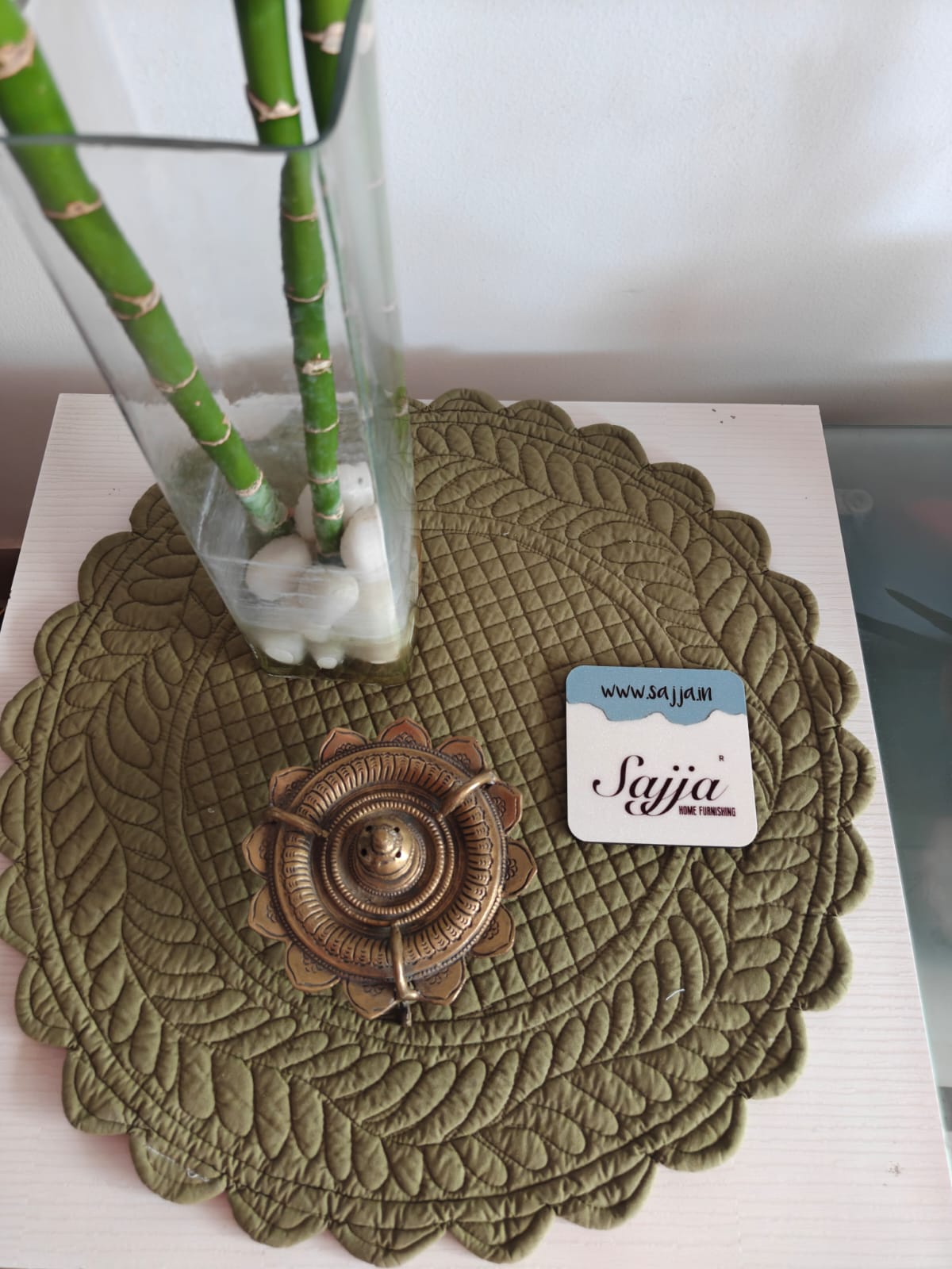 Elegant Teal Round Floral Rose Round Cotton Fabric Focal Table Mat